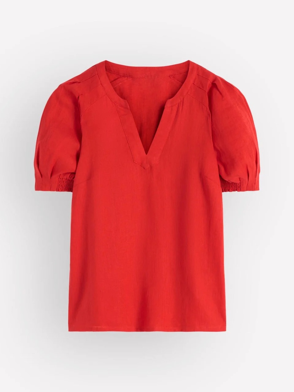 Cece - Orange Red Split Neck Linen-Blend Puff-Sleeve Top